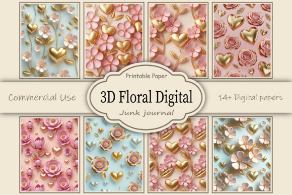 3D Floral and Hearts Seamless Patterns