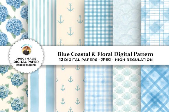 Blue Coastal Floral Digital Patterns: A Versatile Resource for Creative Projects