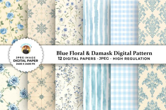 Blue Floral Damask Digital Patterns for Creative Projects