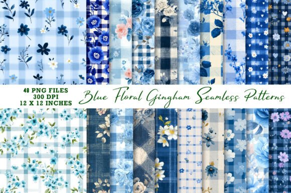 Blue Floral Gingham Seamless Patterns