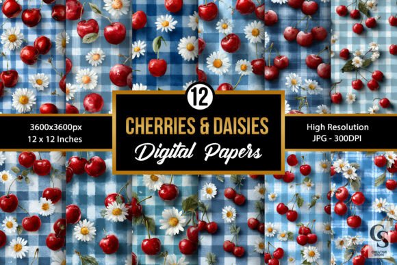 Red Cherries Daisy Floral Patterns