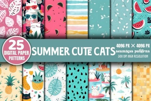 Summer Cute Cats Digital Paper Patterns