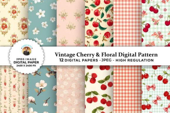 Vintage Cherry Floral Digital Patterns for Creative Projects