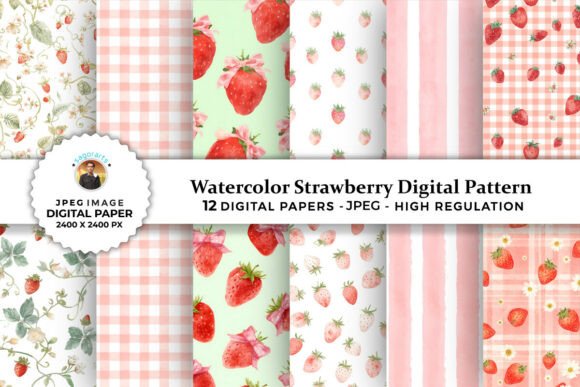 Watercolor Strawberry Digital Patterns for Creative Projects